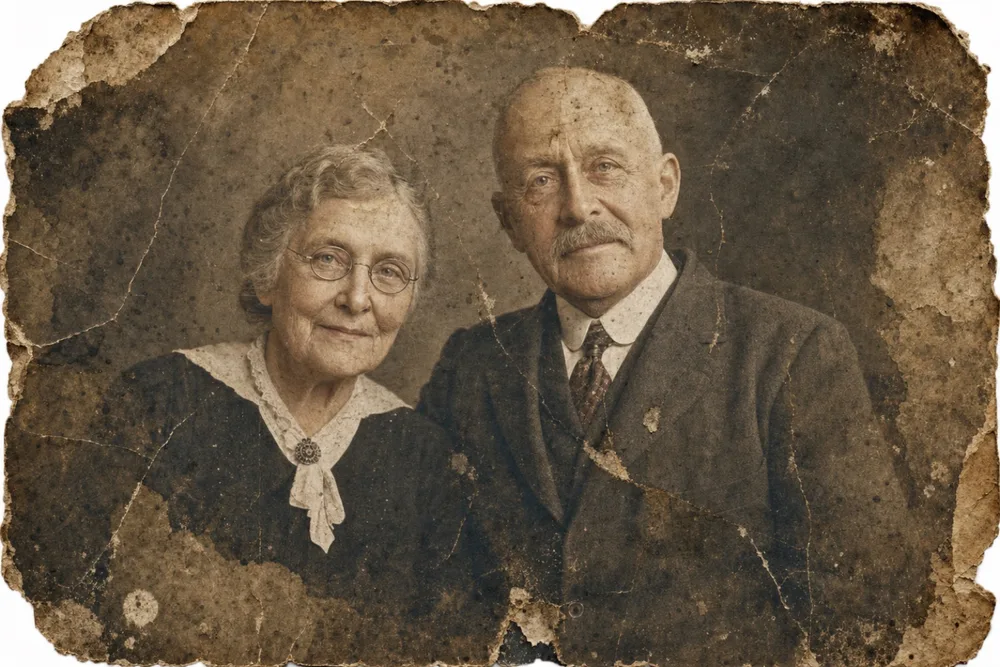 A damaged vintage family portrait before restoration